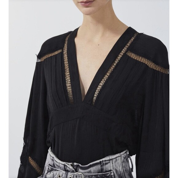 IRO Paris Size 40 US 8 Black Lace Pleated Crepe The Chine Blouse Boho Minimalist - Picture 1 of 16